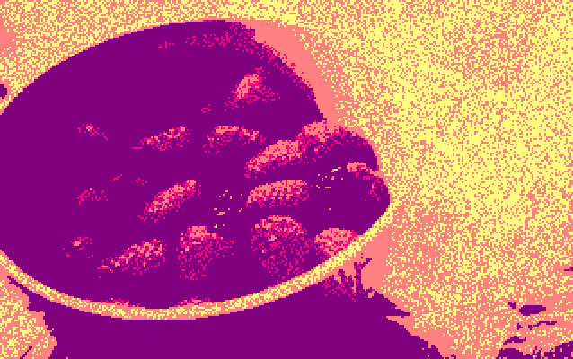 Photo of a bowl of raspberries converted to Amstrad CPC format by ImgToCpc option noise gradient with affinity