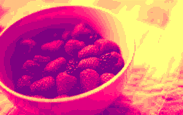 Photo of a bowl of raspberries converted to Amstrad CPC format by ImgToCpc option dithering with grayscale