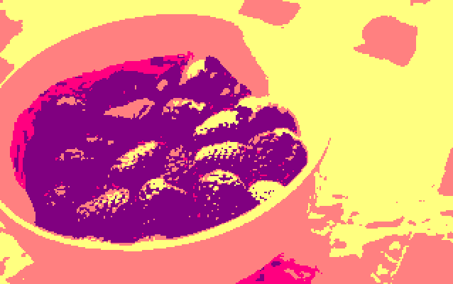 Photo of a bowl of raspberries converted to Amstrad CPC format by ImgToCpc rounded to nearest with affinity