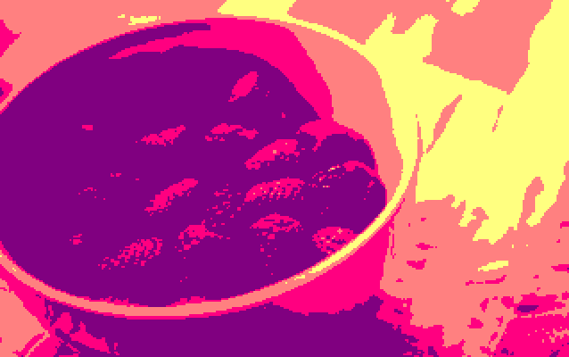 Photo of a bowl of raspberries converted to Amstrad CPC format by ImgToCpc rounded to nearest with grayscale